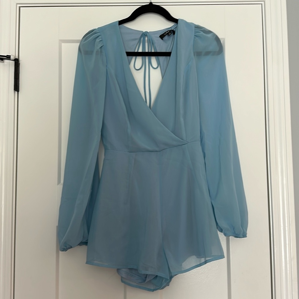 Sunny Standard Light Blue Balloon Sleeve Backless Romper